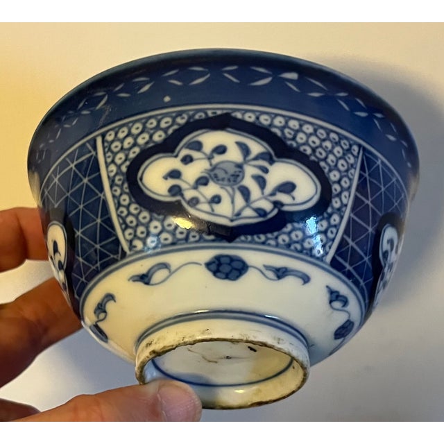 Antique 18th century Edo Period Japanese blue & white porcelain small footed bowl. Decorated with alternating panels of...