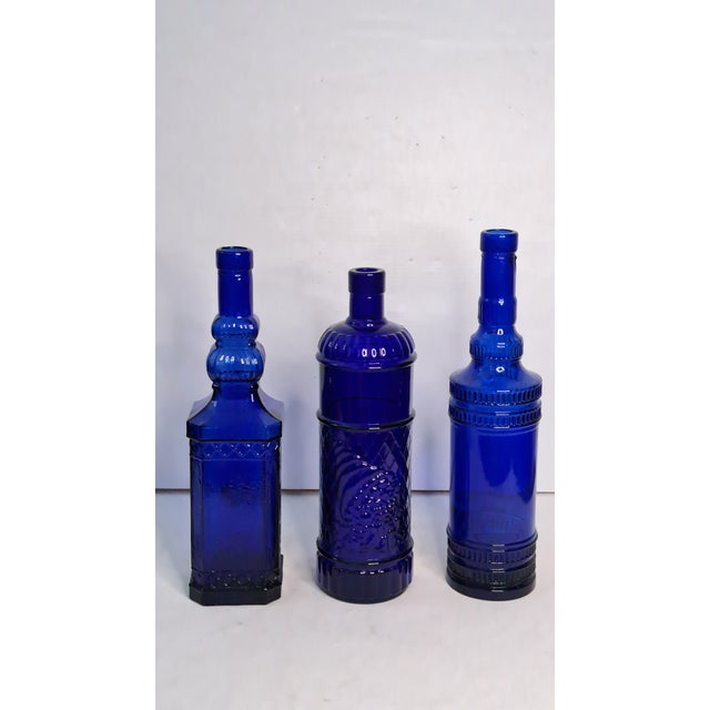 Mid 20th Century Vintage Cobalt Blue Glass Bottle Vase Lot of 3 Decorative Embossed Glass 12" For Sale - Image 5 of 11