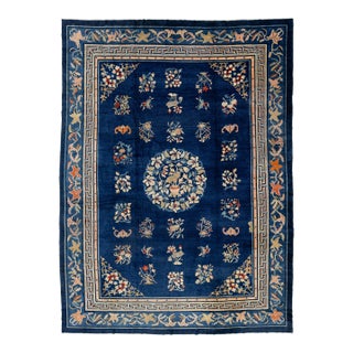 Antique Chinese Wool Rug – Blue Field, Floral Medallion, Early 20th Century For Sale