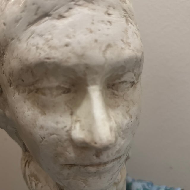 Early 20th Century Hand-Sculpted Figurative Plaster Bust on Wooden Base For Sale - Image 9 of 12