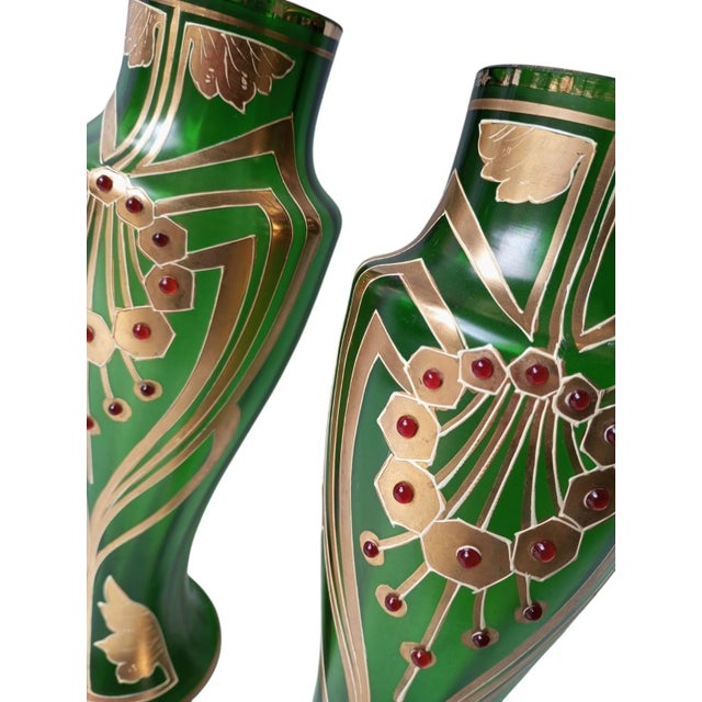 Art Nouveau Vases in Green Glass with Applied Cabochons, 1890s, Set of 2 For Sale - Image 4 of 14