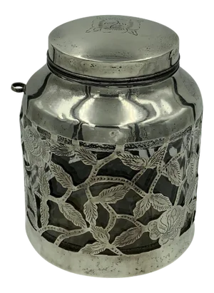 Mexican Floral Overlay Sterling Silver Stout Jar with Spoon Holder