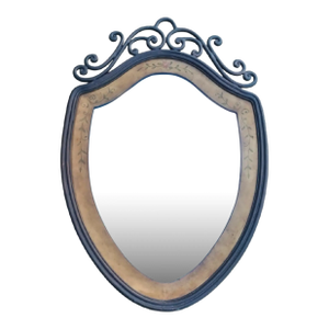 Large Vintage Crest Shaped Maitland Smith Style Hand Painted Floral Iron Scroll Wall Mirror