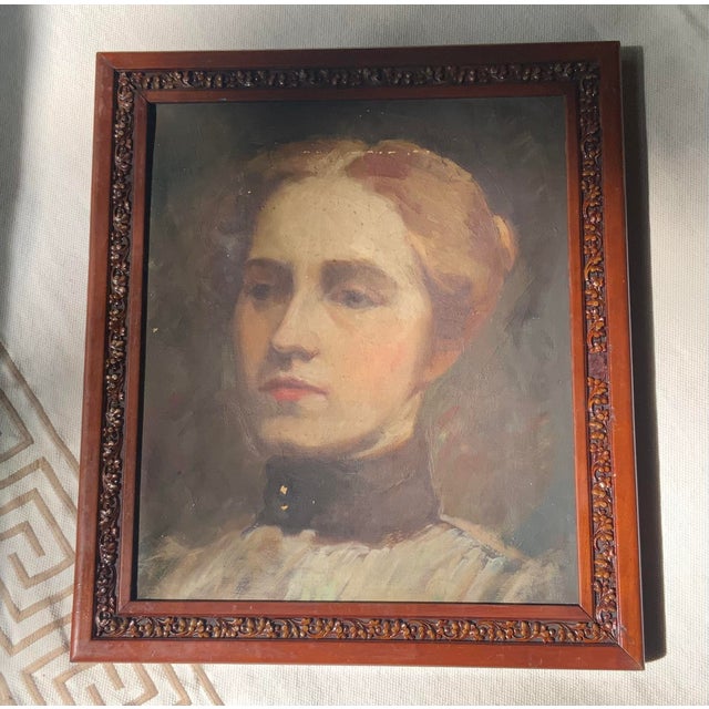 Red Antique Edgar Cowan American Oil Portrait of a Young Woman - Framed For Sale - Image 8 of 18
