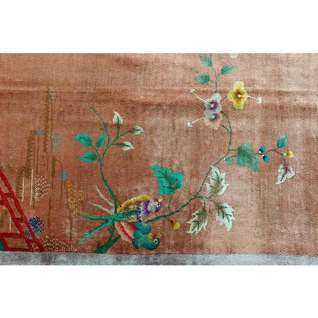 Textile 1920s Scenic Coral Antique Chinese Art Deco Bird Knotted Wool Carpet Rug For Sale - Image 7 of 11