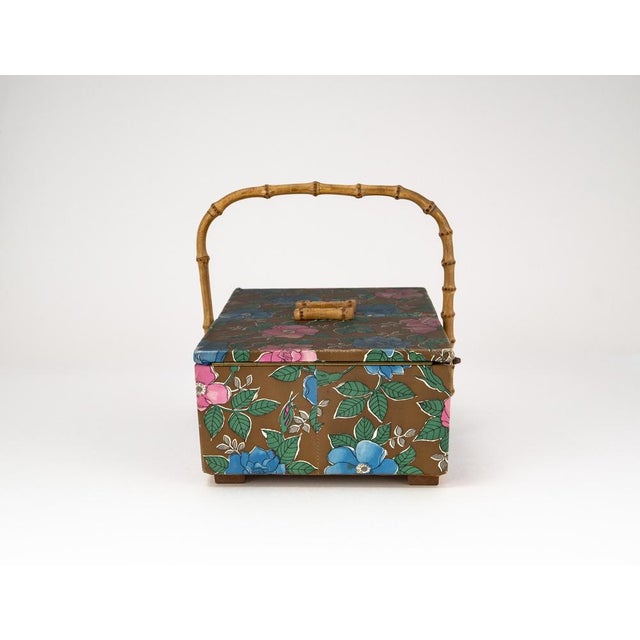 Mid-Century Sewing Basket with Bamboo Handle & Floral Decor, 1970s For Sale - Image 14 of 18