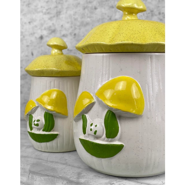 Mid-Century Porcelain Yellow Mushroom Kitchen Canisters - a Pair For Sale - Image 6 of 9