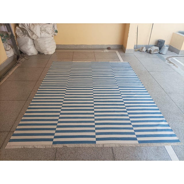 Handmade Cotton Striped Rug, Up Down Stripe Blue and White - 11'x11' For Sale - Image 9 of 10