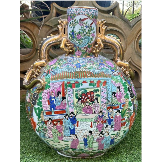 Antique X-Large Chinese Famille Rose Moon Flask Gold Dragon Handles Marked 19th Century For Sale - Image 14 of 18