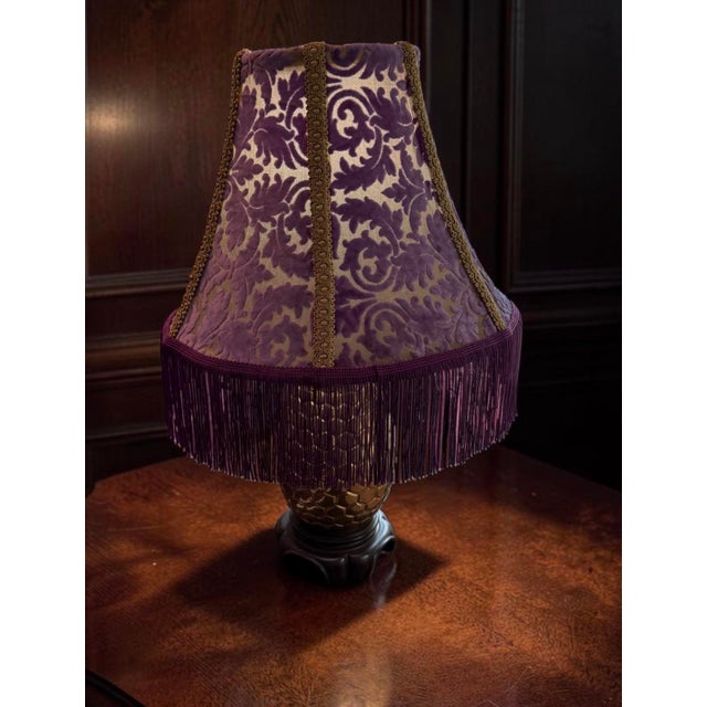 2020s Vintage Purple Velvet Leaf Lamp Shade With Gold Trim & Purple Chainette Fringe For Sale - Image 5 of 5