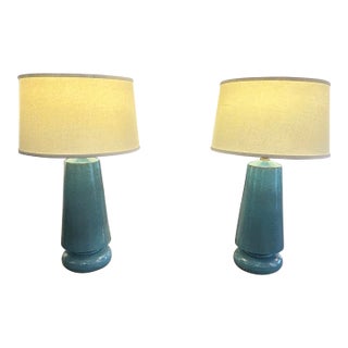 Large Cerulean Blue Ceramic Pottery Table Lamps -a Pair For Sale