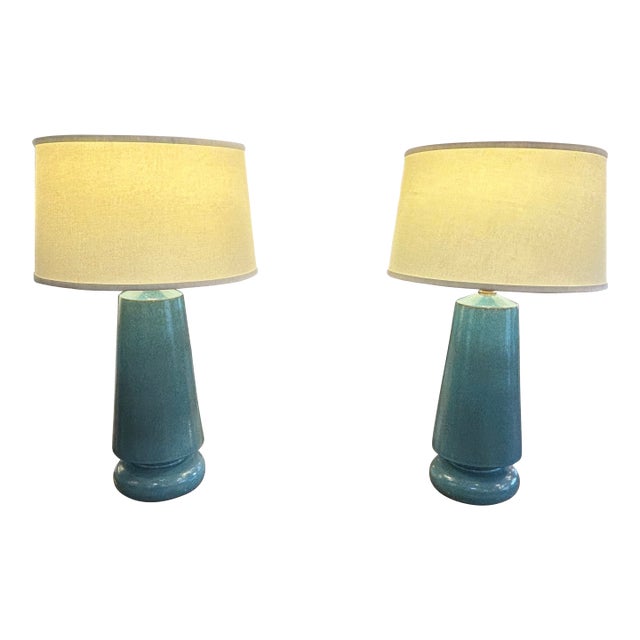 Large Cerulean Blue Ceramic Pottery Table Lamps -a Pair For Sale