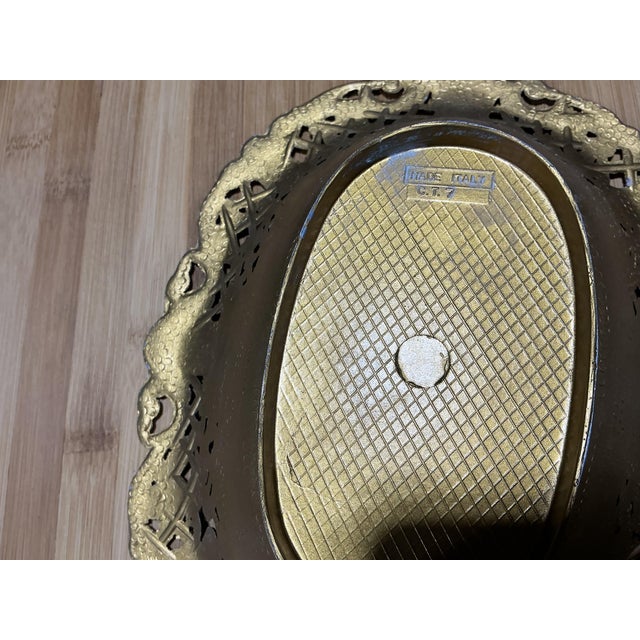 Vintage Italian Hollywood Regency Pierced Brass Oval Catchall Bowl For Sale - Image 4 of 6
