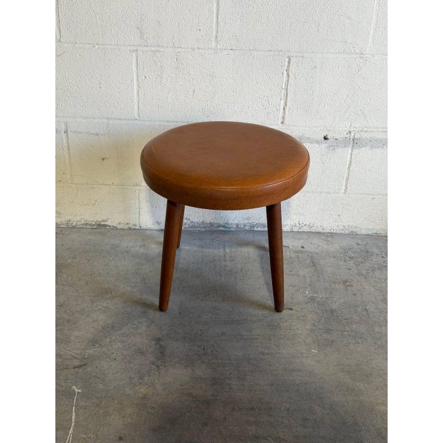 1960s Round Brown Leather Teak Ottoman Danish Mid-Century Modern 1960s For Sale - Image 5 of 8