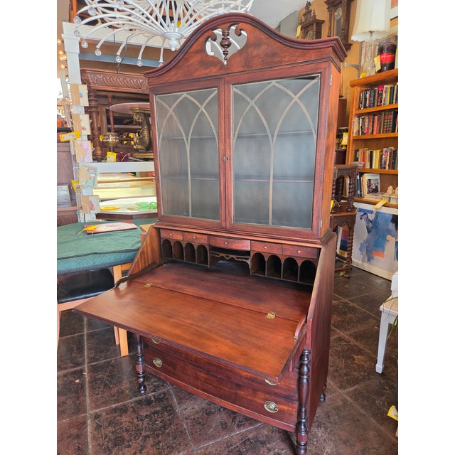 Antique 1920s Spanish Colonial Spanish Revival Mahogany Secretary Desk For Sale - Image 9 of 15