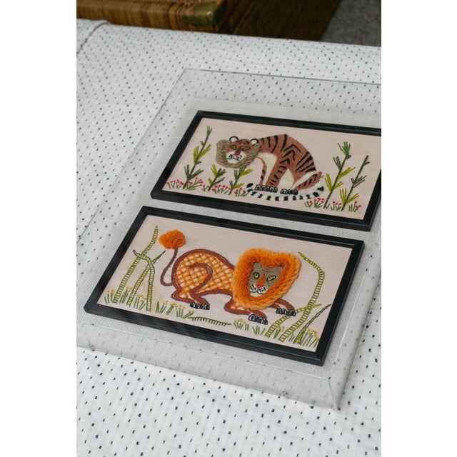 Mid-Century Modern 1970s Framed Crewel Embroidery Wall Art – Lion & Tiger – Acrylic Shadow Box Frame – Textile Art Pair For Sale - Image 3 of 10