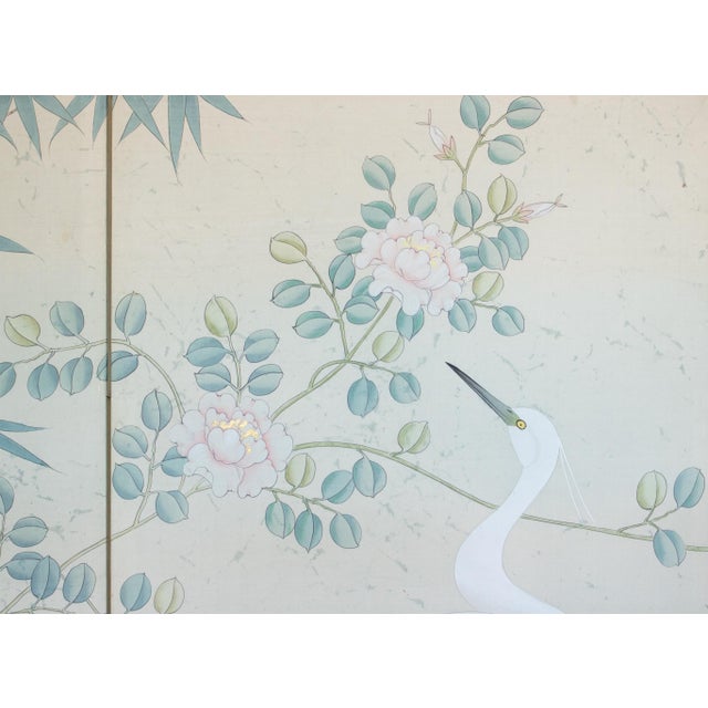 C. 1970s Chinoiserie Silk Screen "Egrets, Bamboo and Peonies" For Sale - Image 11 of 18