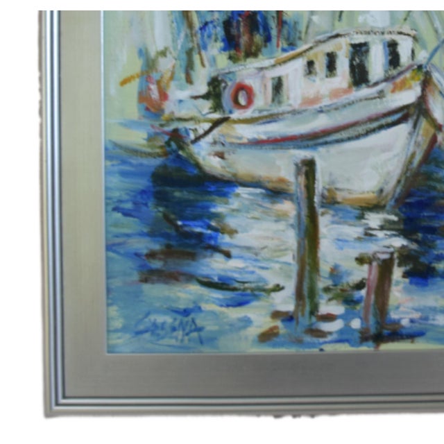 Nautical Vintage Nautical Sailboat at Harbor Dock Seascape Oil Painting Including the Antiqued Silver Wood Frame For Sale - Image 3 of 7