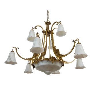 Art Nouveau Brass Chandelier with Glass Shades For Sale