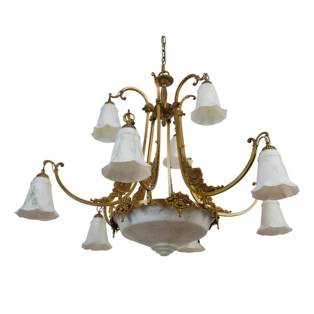 Art Nouveau Brass Chandelier with Glass Shades For Sale
