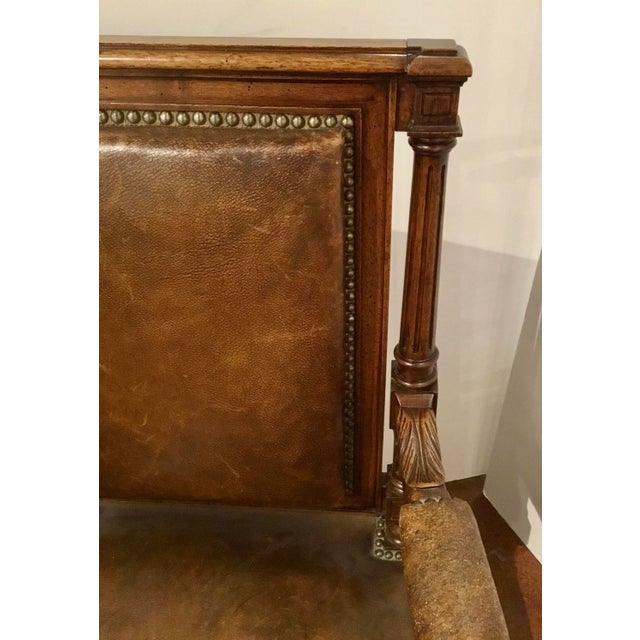 Early 19th Century Antique Carved Wood Brown Leather Arm Chairs - a Pair For Sale - Image 5 of 12