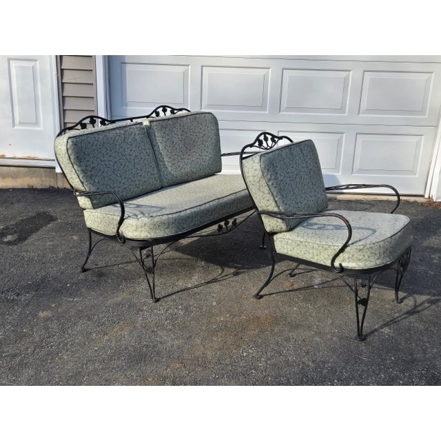 Vintage Wrought Iron Patio Seating Loveseat and Chair For Sale - Image 11 of 12