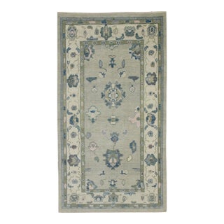 Early 21st Century Green & Blue Floral Design Handwoven Wool Turkish Oushak Rug 3'8" X 6'7" For Sale