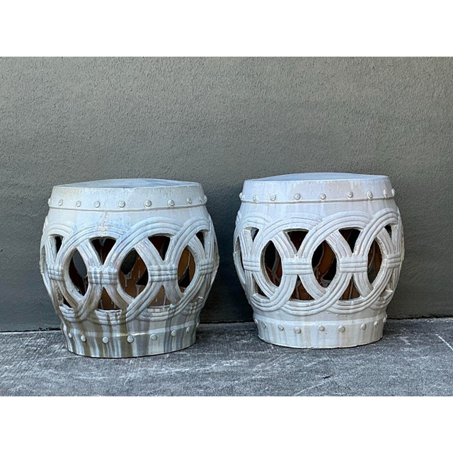 Vintage Glazed Ceramic Keyhole Garden Stools - A Pair For Sale - Image 10 of 12