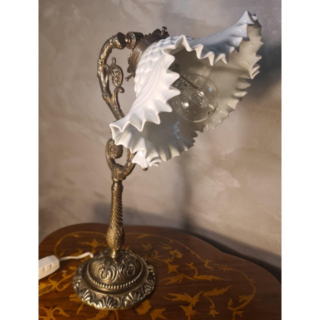 Antique Bronze Lamp with White Opaline Lampshade, 1900s For Sale - Image 6 of 9
