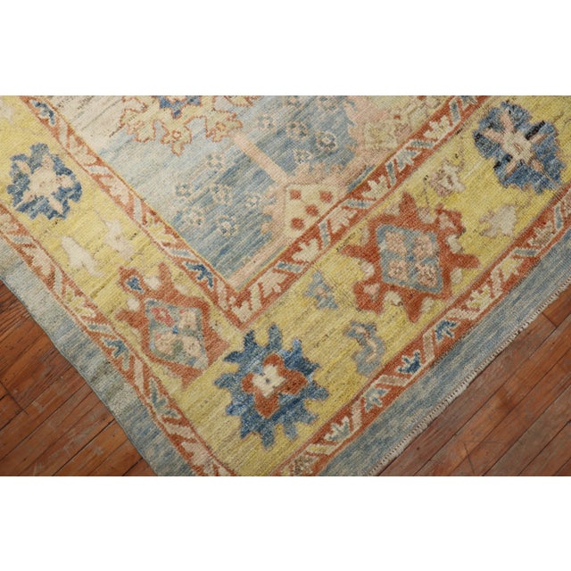Yellow Early 21st Century Zabihi Collection Stunning Turkish Blue Yellow Oushak Rug - 8'3" x 9'5" For Sale - Image 8 of 12