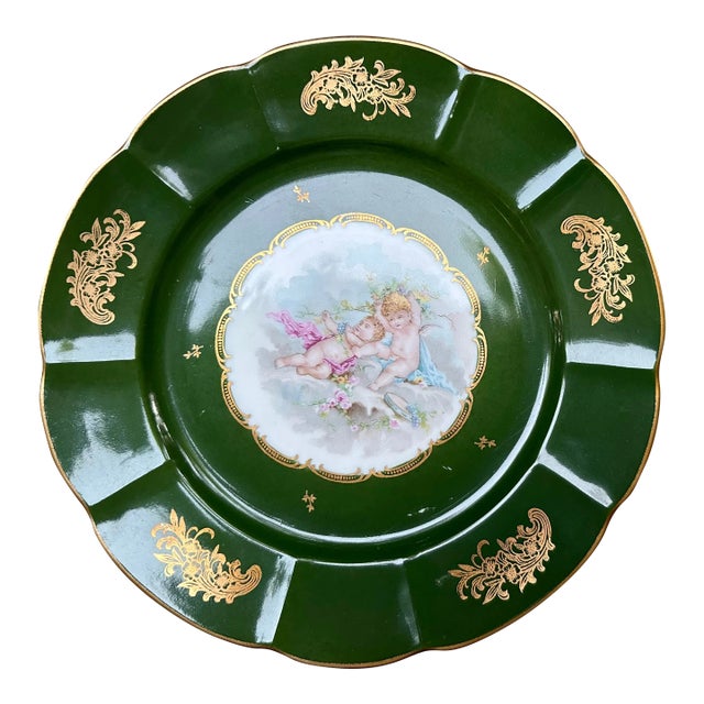 Vintage French Hand Painted Cherubs Gold Gilt Green Porcelain Decorative Plate For Sale