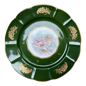Vintage French Hand Painted Cherubs Gold Gilt Green Porcelain Decorative Plate