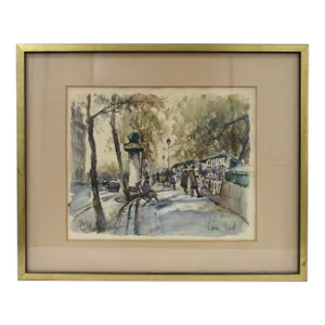 Van Lod Watercolor Painting Paris Market Late 20th Century