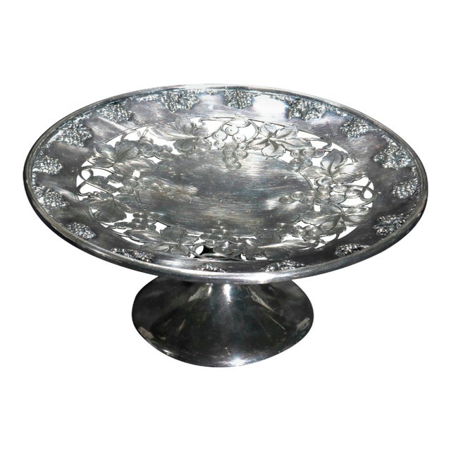 Antique Victorian Reticulated Silver Plate Grape & Leaf Compote Circa 1900 For Sale