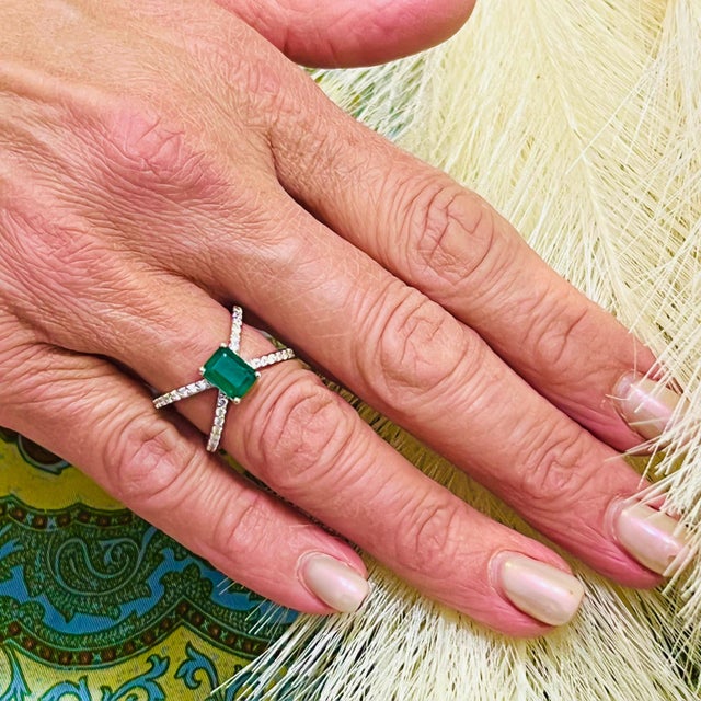 2010s Natural Emerald Diamond Ring 14k W Gold 1.7 TCW Certified For Sale - Image 5 of 9
