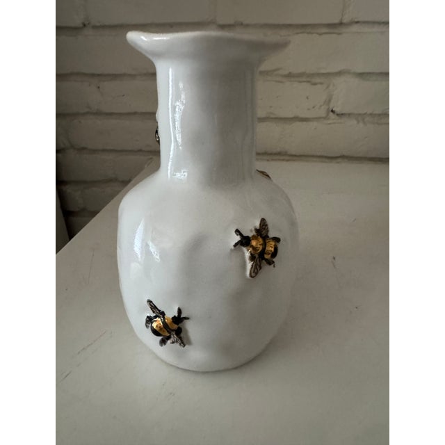 Handmade porcelain vase with five sculpted 22 karat gold bees ! Chic, one of a kind treasure.