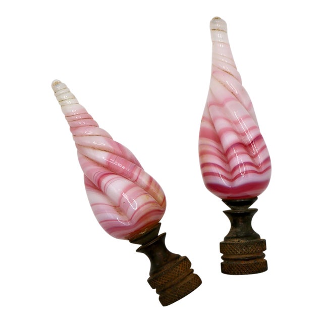 Vintage Pink & White Swirl Art Glass Lamp Finials With Brass Bases - A Pair For Sale