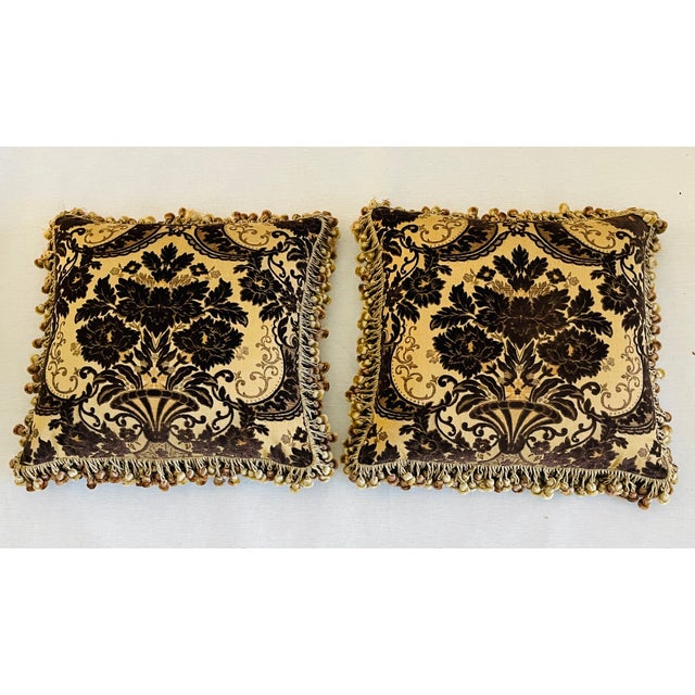 Italian Vintage 22” Italian Fortuny Velvet Feather Down Pillows Pair For Sale - Image 3 of 7