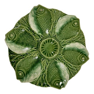 Vintage Bordallo Pinheiro Green Majolica Oyster Plate For Sale