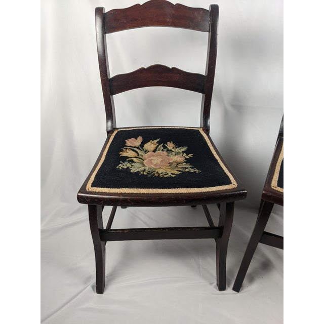 Pair of Vintage Tell City Style Dark Wood Chairs With Black Floral Needlepoint Seats For Sale - Image 10 of 14