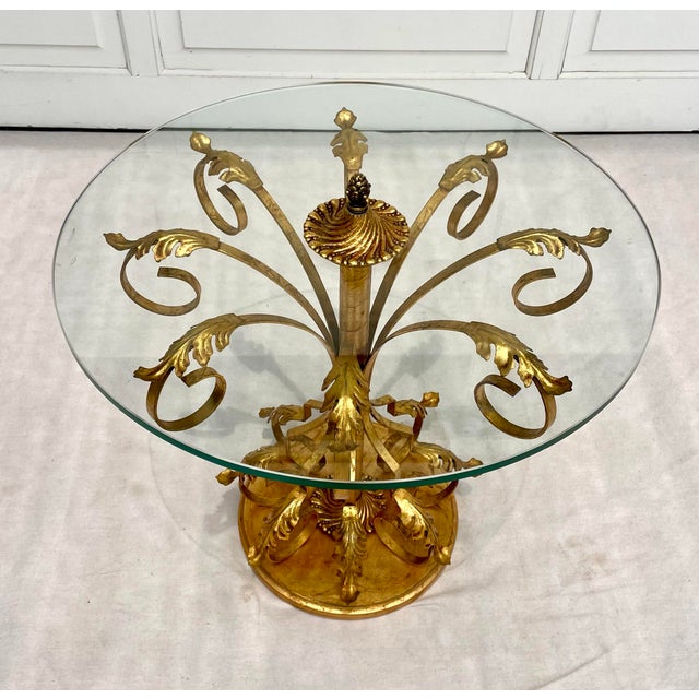 Hollywood Regency Italian Hollywood Regency Gilt Gold Tole and Glass Side Table For Sale - Image 3 of 10