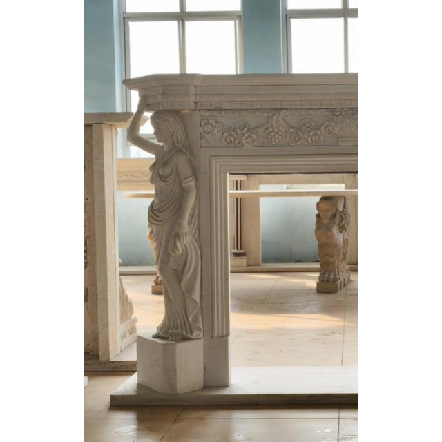 Monumental Neoclassical Hand-Carved Marble Fireplace Mantle For Sale - Image 3 of 6