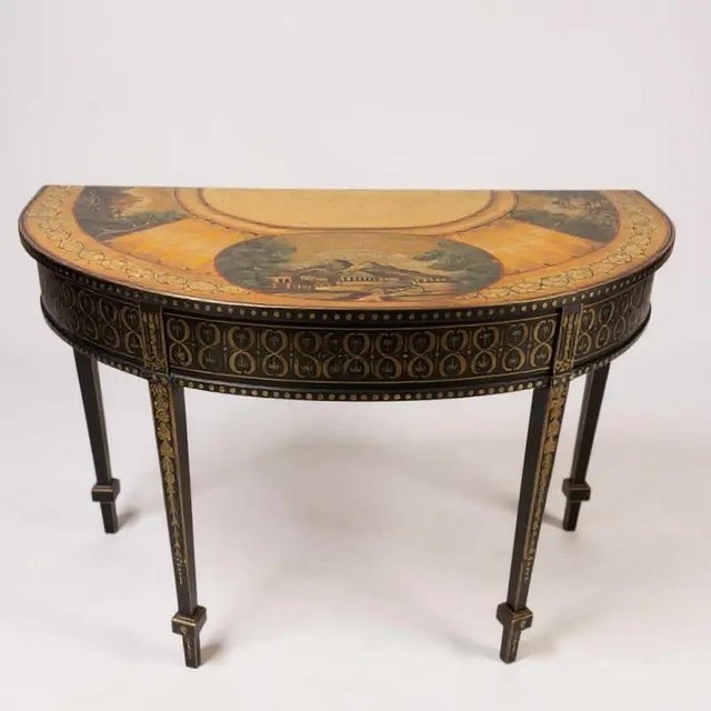 1980s 1980s Neoclassical Hand-Painted Ebonized & Gilt Demilune Console Table For Sale - Image 5 of 8