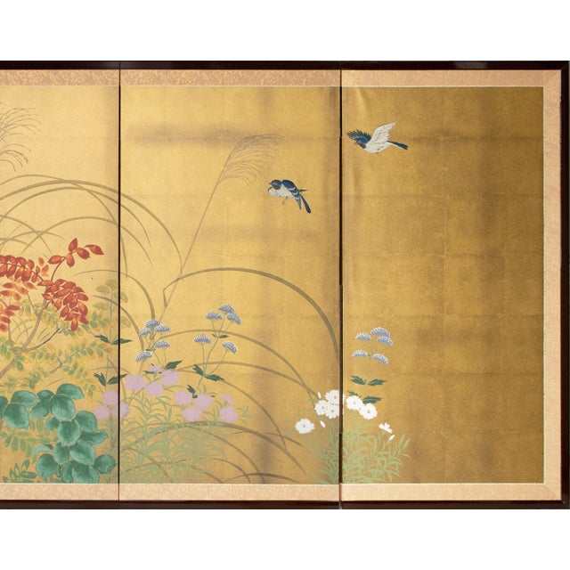 "Seven Autumn Flowers" by Essen, Late Showa Era Japanese Byobu Screen For Sale - Image 4 of 18