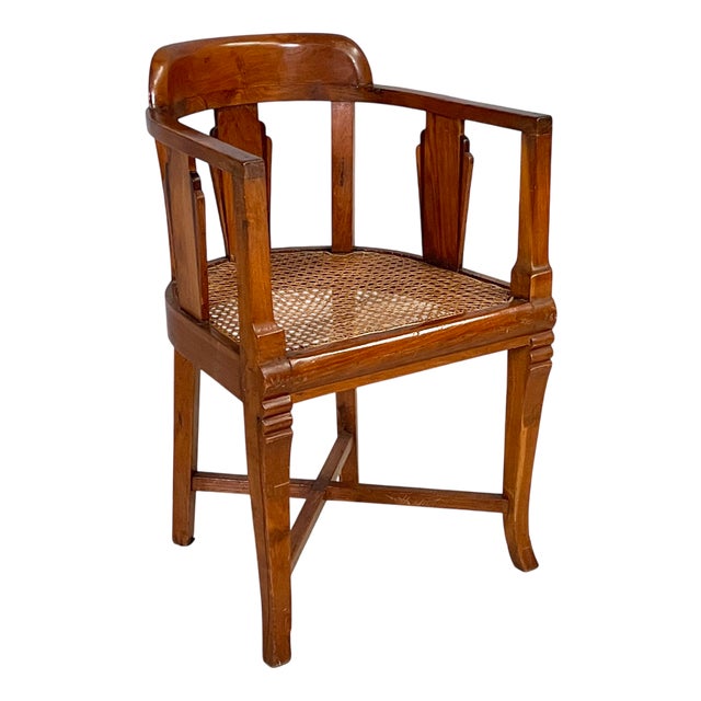 Italian Art Nouveau Wood and Straw Tub Chair, 1930s For Sale