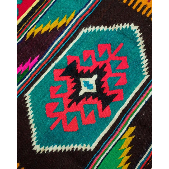 Vintage Romanian Handwoven Wool Flatweave Runner Rug with Geometric Bands and Hooked Medallions, 1960s For Sale - Image 10 of 14