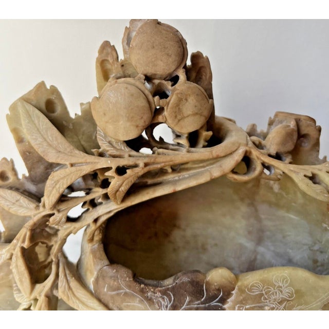 Vintage Chinese Hand-Carved Soapstone Brush Pot and Inkwell Featuring Intricate Openwork Foliage and Fruit Accents For Sale - Image 11 of 13