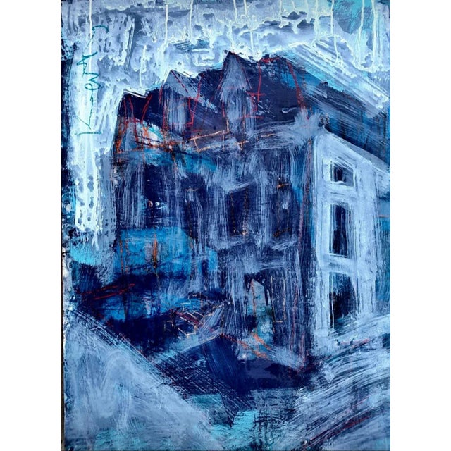 "Blue Empire" 2022 Architectural Acrylic, Crayon and Graphite Painting, Hugh Keating For Sale