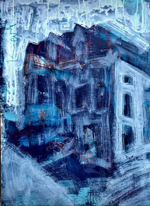 "Blue Empire" 2022 Architectural Acrylic, Crayon and Graphite Painting, Hugh Keating