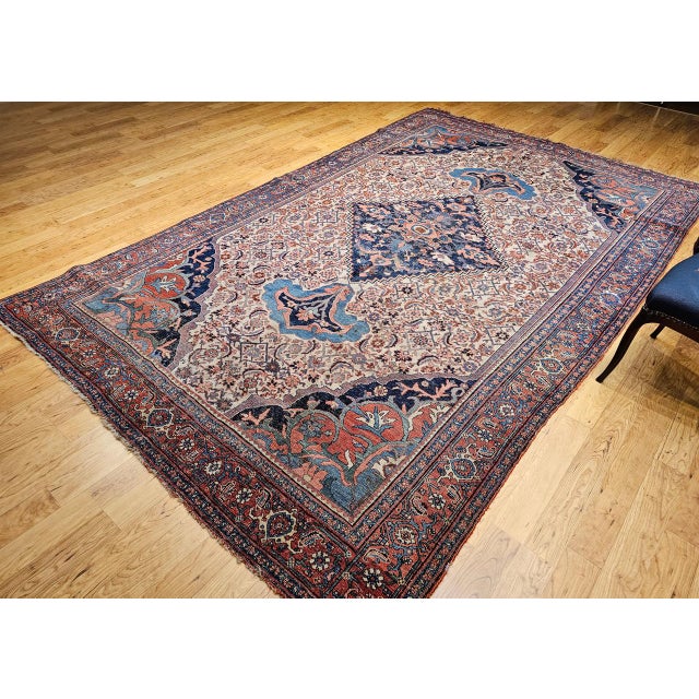 Antique Persian Bidjar Rug, Hand-Knotted Wool, Herati Geometric Pattern, Ivory & Red, 7x12 For Sale - Image 14 of 18